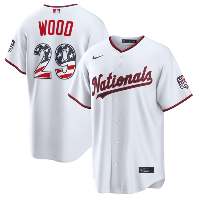 Men's White Washington Nationals #29 James Wood USA 250 Fourth of July Home Stitched Baseball Jersey
