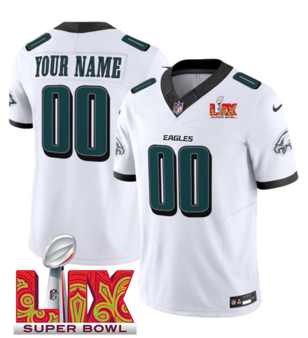 Men's White Philadelphia Eagles Active Player Custom 2025 Super Bowl LIX Patch F.U.S.E. Vapor Limited Stitched Football Jersey