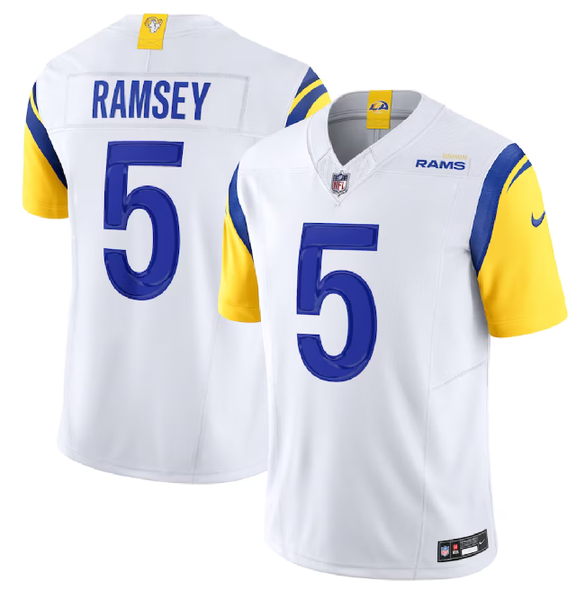 Men's White Los Angeles Rams #5 Jalen Ramsey 2023 F.U.S.E. Vapor Untouchable Limited Stitched Football Jersey