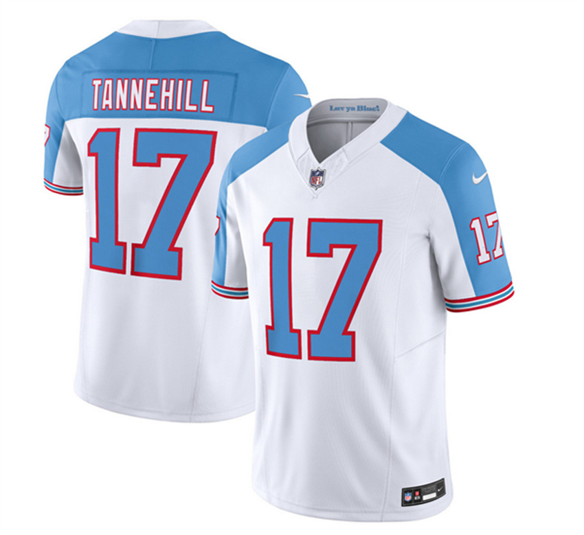 Men's White/Blue Tennessee Titans #17 Ryan Tannehill 2023 F.U.S.E. Vapor Limited Throwback Stitched Football Jersey