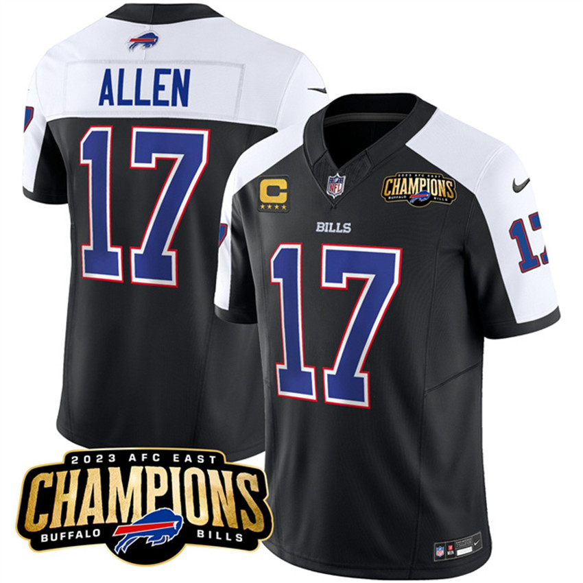 Men's Black/White Buffalo Bills #17 Josh Allen 2023 F.U.S.E. AFC East Champions With 4-star C Patch Stitched Football Jersey