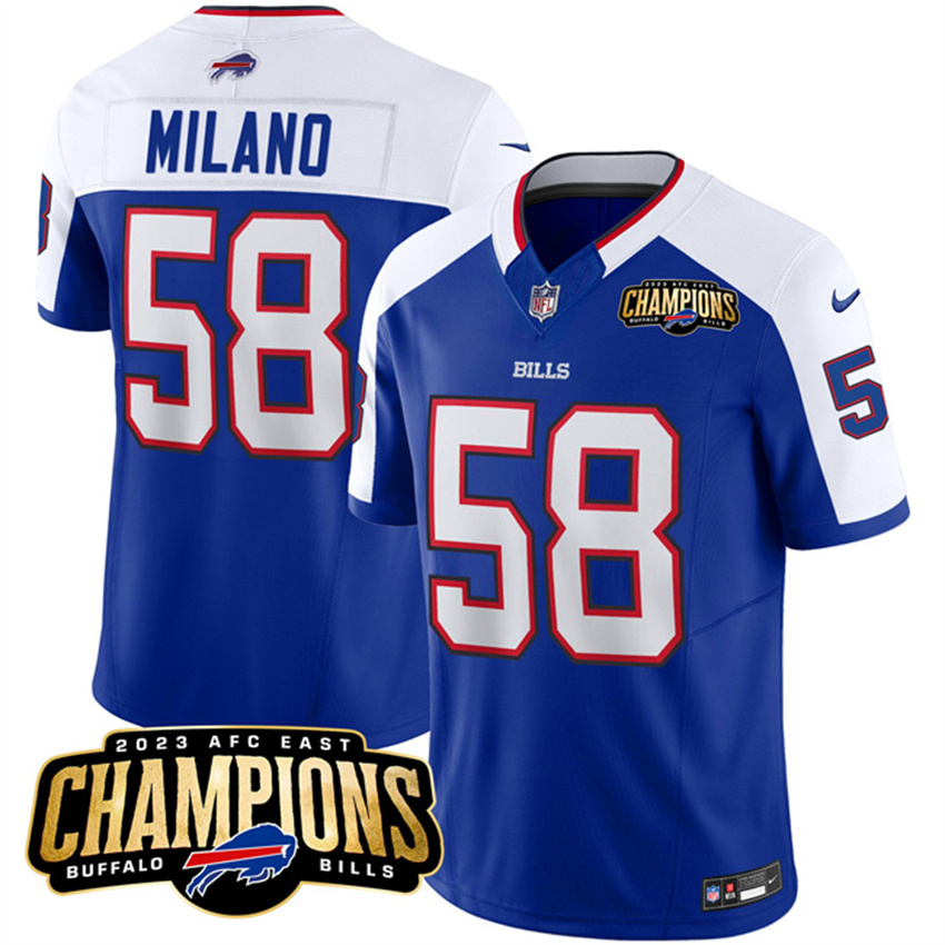 Men's Blue/White Buffalo Bills #58 Matt Milano 2023 F.U.S.E. AFC East Champions Ptach Stitched Football Jersey