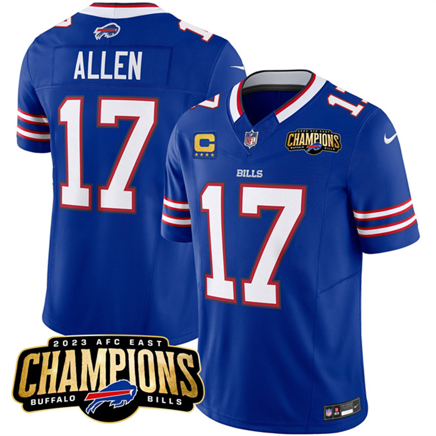 Men's Blue Buffalo Bills #17 Josh Allen 2023 F.U.S.E. AFC East Champions With 4-star C Ptach Stitched Football Jersey