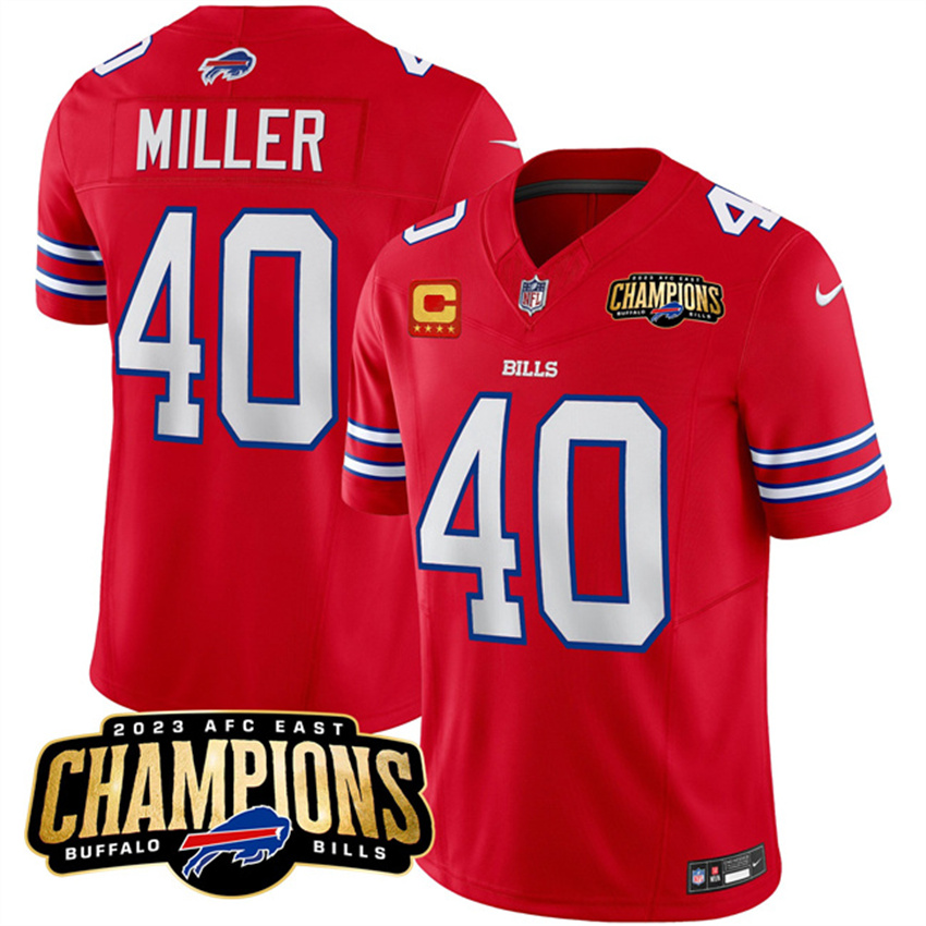 Men's Red Buffalo Bills #40 Von Miller 2023 F.U.S.E. AFC East Champions With 4-star C Ptach Stitched Football Jersey
