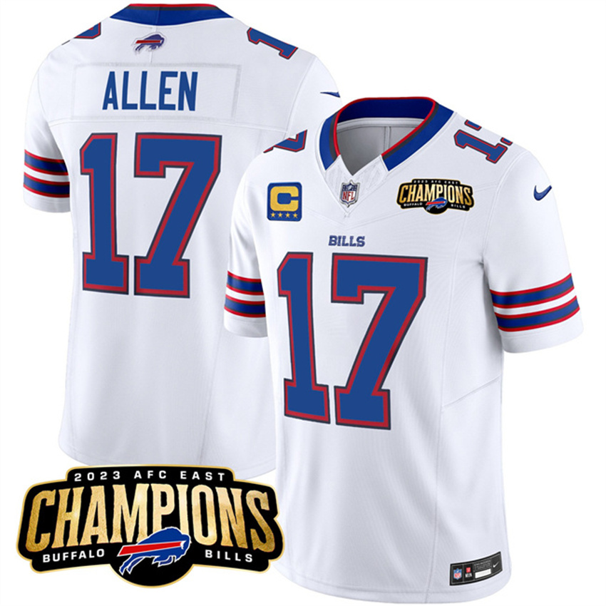 Men's White Buffalo Bills #17 Josh Allen 2023 F.U.S.E. AFC East Champions With 4-star C Ptach Stitched Football Jersey