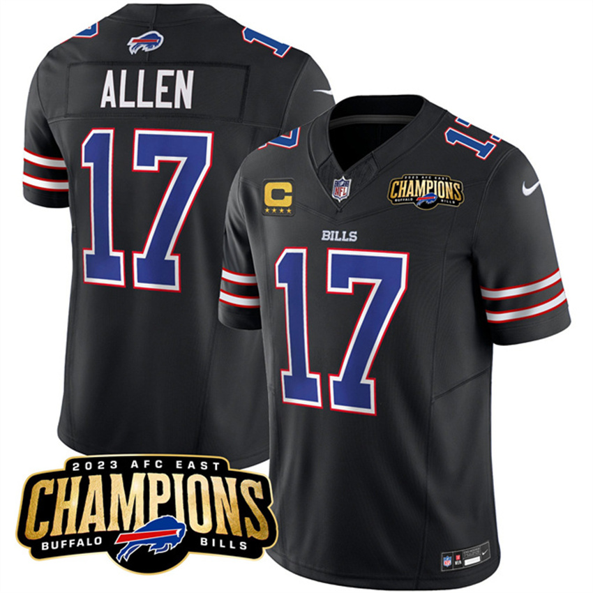 Men's Black Buffalo Bills #17 Josh Allen 2023 F.U.S.E. AFC East Champions With 4-star C Ptach Stitched Football Jersey