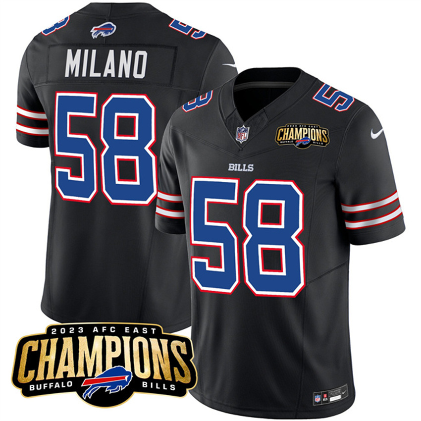 Men's Black Buffalo Bills #58 Matt Milano 2023 F.U.S.E. AFC East Champions Ptach Stitched Football Jersey