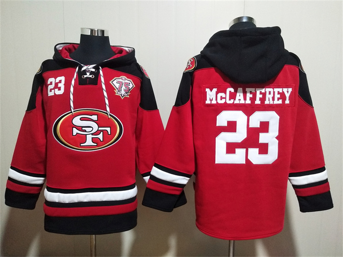 Men's Red San Francisco 49ers #23 Christian McCaffrey With 75th Anniverseray Patch Ageless Must-Have Lace-Up Pullover