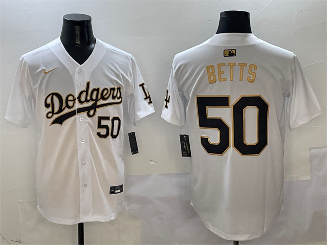 Men's White/Gold Los Angeles Dodgers #50 Mookie Betts Limited Stitched Baseball Jersey