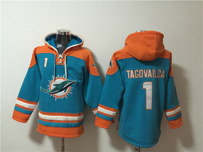 Men's Aqua Miami Dolphins #1 Tua Tagovailoa Lace-Up Pullover Hoodie