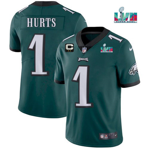 Men's Green Philadelphia Eagles #1 Jalen Hurts Super Bowl LVII Patch And 2-Star C Patch Vapor Untouchable Limited Stitched Jersey