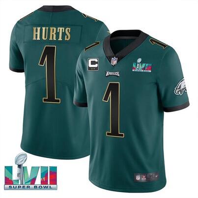 Men's Green Philadelphia Eagles #1 Jalen Hurts Golden Super Bowl LVII Patch And 2-star C Patch Vapor Untouchable Limited Stitched Jersey