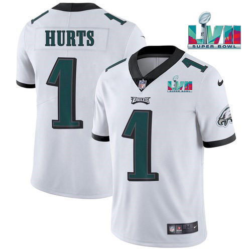 Men's White Philadelphia Eagles #1 Jalen Hurts Super Bowl LVII Patch Vapor Untouchable Limited Stitched Jersey