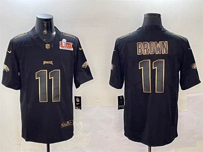 Men's Black/Gold Philadelphia Eagles #11 A. J. Brown 2025 Super Bowl LIX Patch Vapor Untouchable Limited Stitched Football Jersey