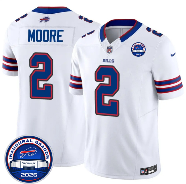 Men's White Buffalo Bills #2 D.J. Moore F.U.S.E. 2026 Inaugural Season at Highmark Stadium Patch Stitched Football Jersey