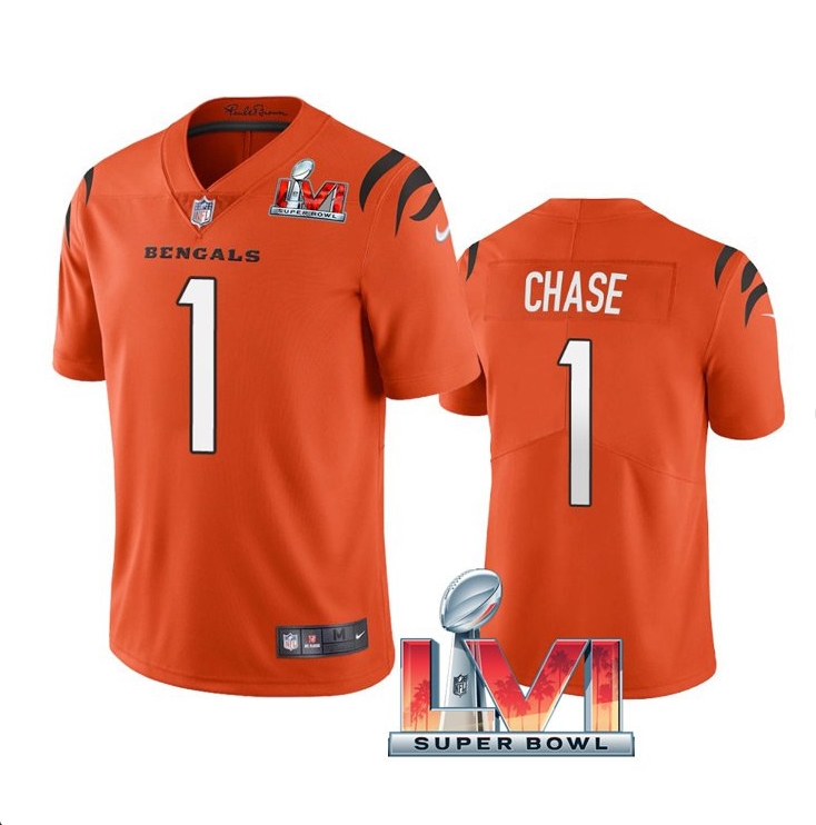 Men's Orange Cincinnati Bengals #1 Ja'Marr Chase 2022 Super Bowl LVI Vapor Limited Stitched Jersey