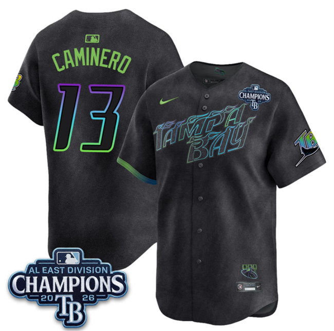 Men's Charcoal Tampa Bay Rays #13 Junior Caminero 2026 AL East Champions Patch City Connect Limited Stitched Baseball Jersey