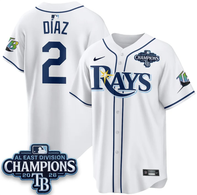 Men's White Tampa Bay Rays #2 Yandy Díaz 2026 AL East Champions Patch Limited Stitched Baseball Jersey