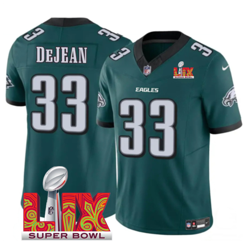 Men's Green Philadelphia Eagles #33 Cooper DeJean 2025 Super Bowl LIX Patch F.U.S.E. Vapor Limited Stitched Football Jersey