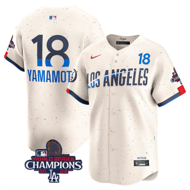 Men's Cream Los Angeles Dodgers #18 Yoshinobu Yamamoto 2024 World Series Champions City Connect Limited Stitched Baseball Jersey