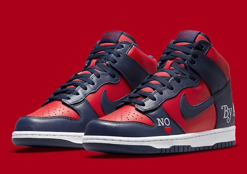 Men's Navy/Red Supreme x Nike SB Dunk High ‘By Any Means’ Shoes 00450