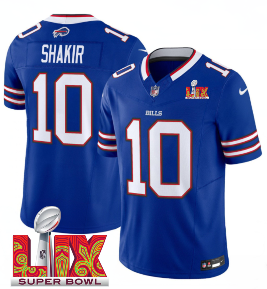 Men's Royal Buffalo Bills #10 Khalil Shakir 2025 Super Bowl LIX Patch F.U.S.E. Vapor Limited Stitched Football Jersey