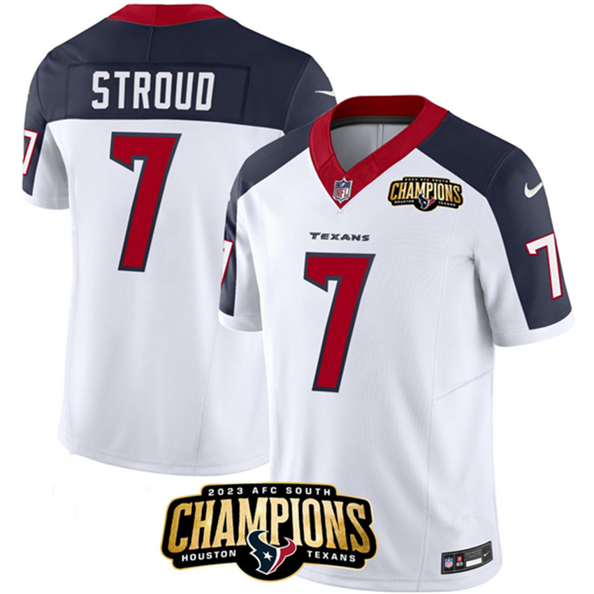 Men's White/Navy Houston Texans #7 C.J. Stroud 2023 F.U.S.E. AFC South Champions Patch Limited Stitched Football Jersey