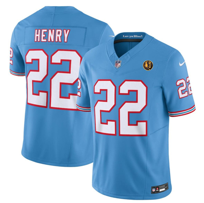 Men's Blue Tennessee Titans #22 Derrick Henry 2023 F.U.S.E. Throwback With John Madden Patch Vapor Limited Stitched Football Jersey