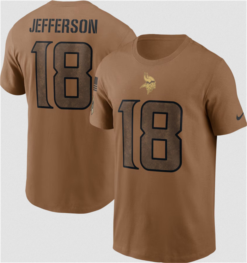 Men's Brown Minnesota Vikings #18 Justin Jefferson 2023 Salute To Service Name & Number T-Shirt