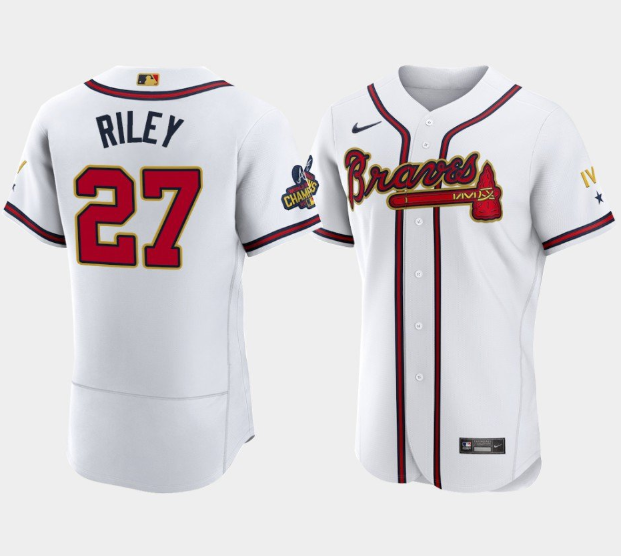 Men's White/Gold Atlanta Braves #27 Austin Riley Flex Base Stitched Baseball Jersey