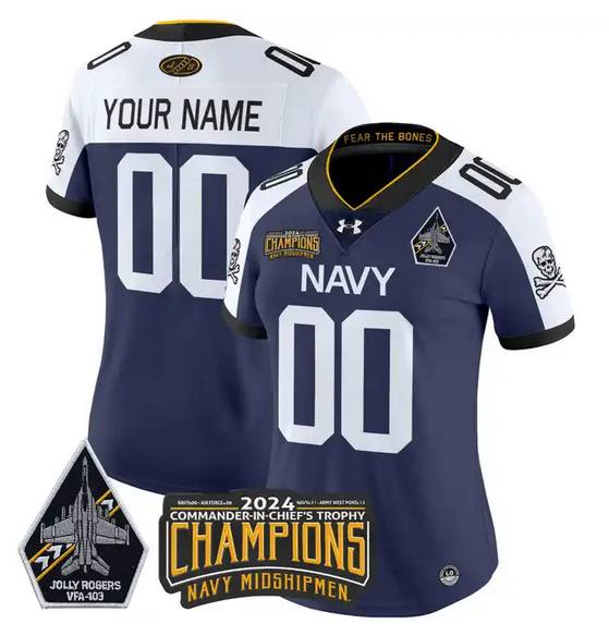 Women's Navy/White Navy Midshipmen Active Player Custom 2024 Champions Patch And Jolly Rogers VFA-103 Horvath Patch Stitched Football Jersey