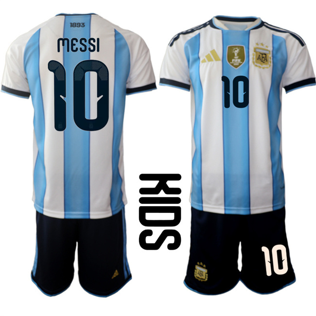 Youth White/Blue Argentina #10 Lionel Messi 2025-26 Home Soccer Jersey Suit