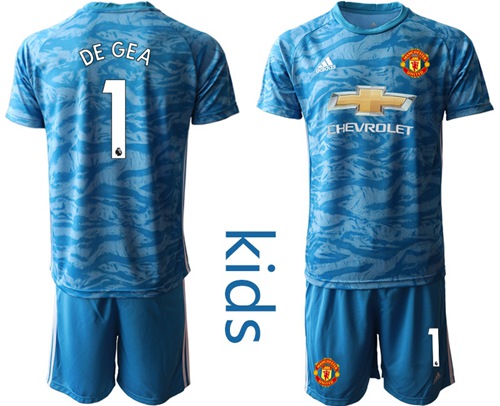 Manchester United #1 De Gea Light Blue Goalkeeper Kid Soccer Club Jersey