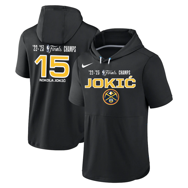 Men's Black Denver Nuggets #15 Nikola Jokic Performance Short Sleeve Pullover Hoodie