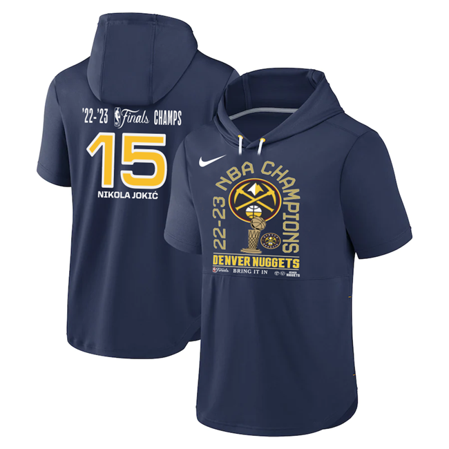 Men's Navy Denver Nuggets #15 Nikola Jokic 2022-23 Champions Performance Short Sleeve Pullover Hoodie