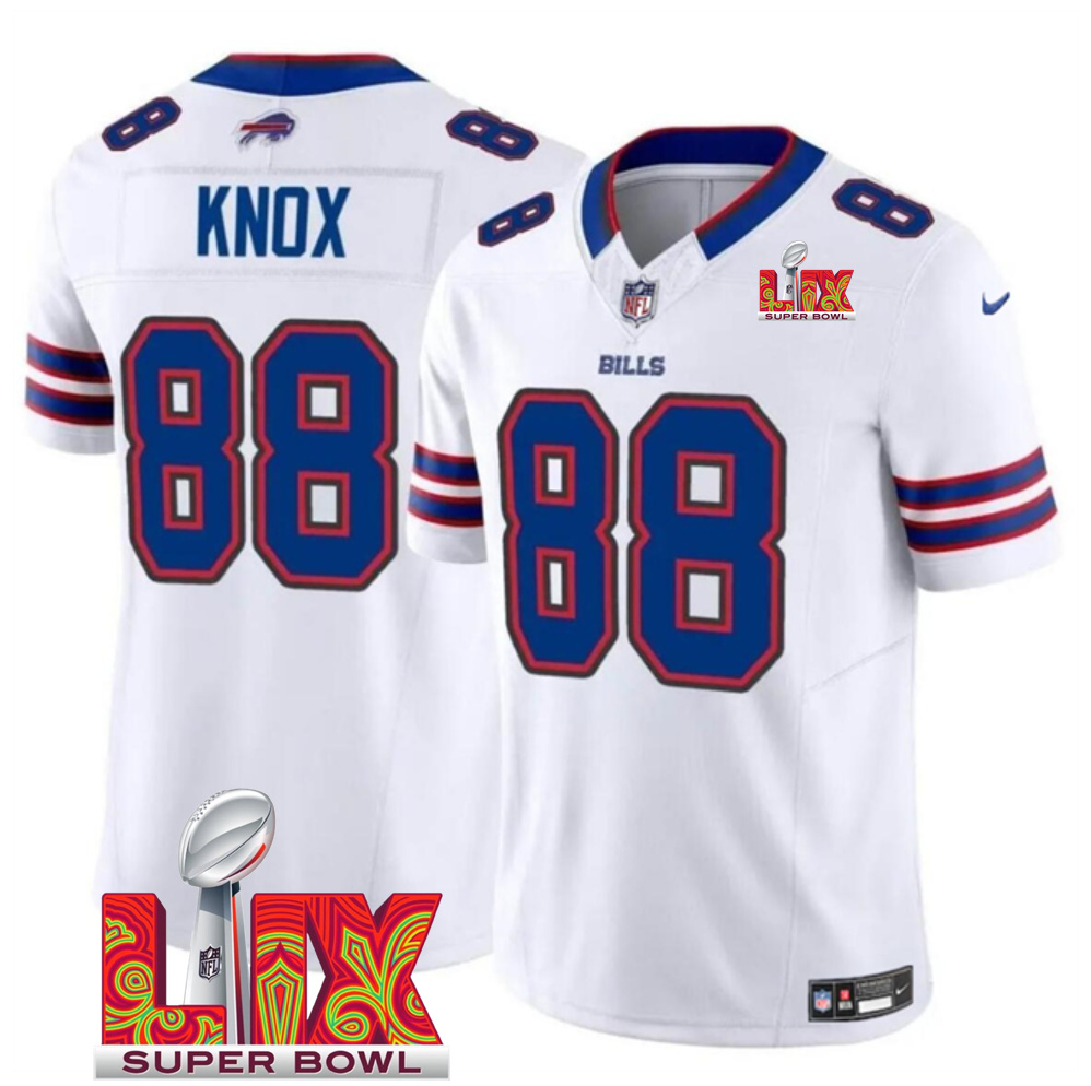 Men's White Buffalo Bills #88 Dawson Knox 2025 Super Bowl LIX Patch F.U.S.E. Vapor Limited Stitched Football Jersey