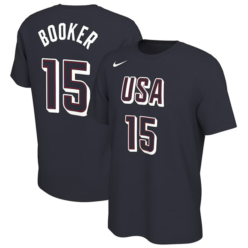 Men's Navy USA Basketball #15 Devin Booker 2024 T-Shirt(Run Small)