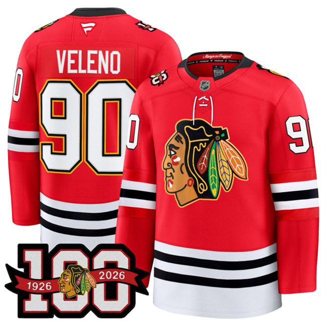 Men's Red Chicago Blackhawks #90 Joe Veleno 2025 Home 100th Anniversary Stitched Hockey Jersey