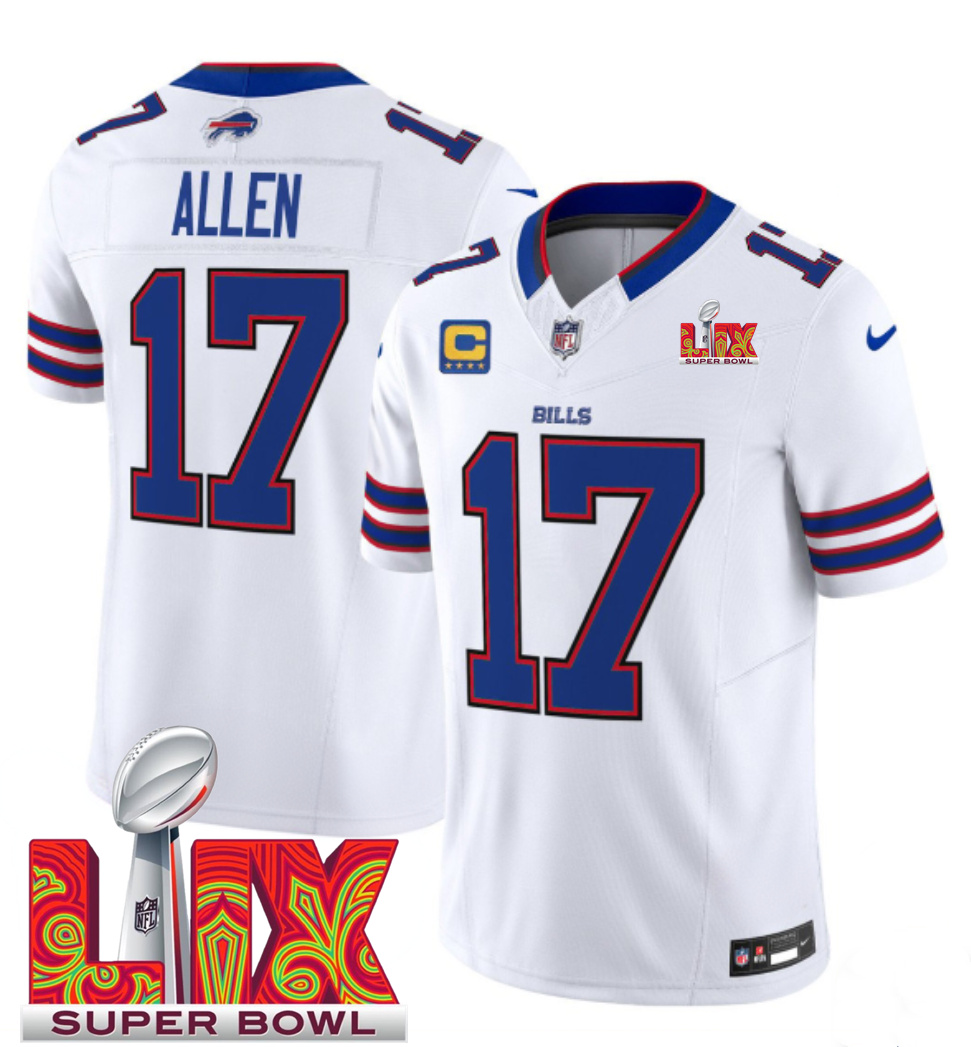 Men's White Buffalo Bills #17 Josh Allen 2025 Super Bowl LIX Patch F.U.S.E. Vapor Limited Stitched Football Jersey