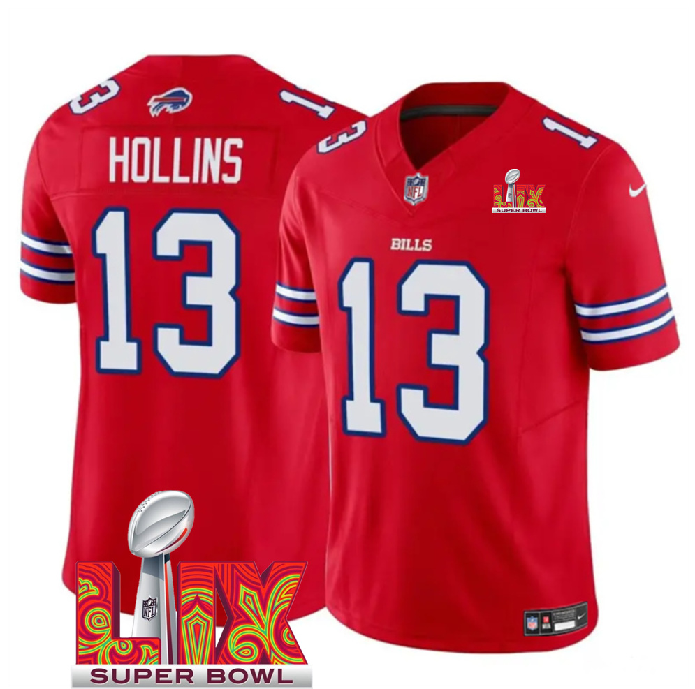 Men's Red Buffalo Bills #13 Mack Hollins 2025 Super Bowl LIX Patch F.U.S.E. Vapor Limited Stitched Football Jersey