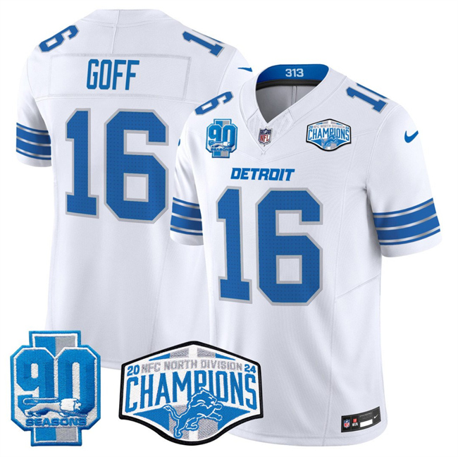 Men's White Detroit Lions #16 Jared Goff 2024 NFC North Champions 90th Anniversary Patch F.U.S.E. Vapor Limited Stitched Jersey