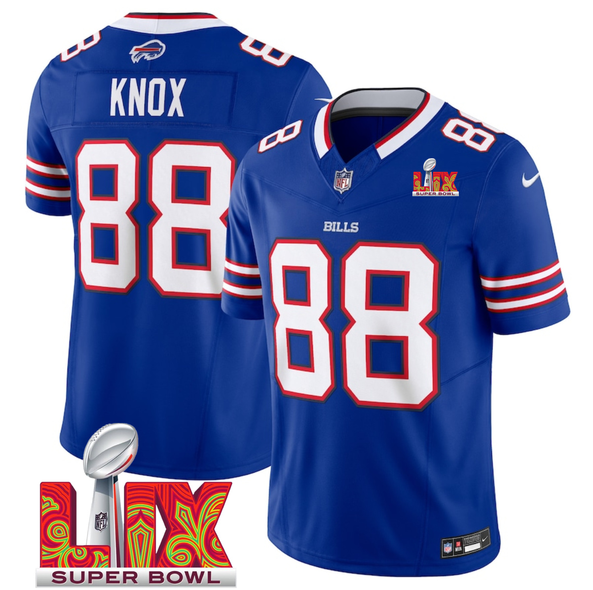 Men's Royal Buffalo Bills #88 Dawson Knox 2025 Super Bowl LIX Patch F.U.S.E. Vapor Limited Stitched Football Jersey