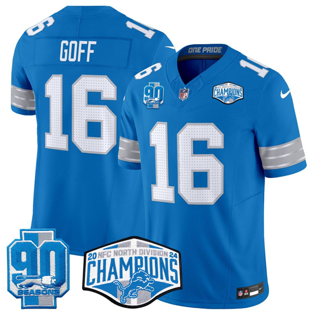 Men's Blue Detroit Lions #16 Jared Goff 2024 NFC North Champions 90th Anniversary Patch F.U.S.E. Vapor Limited Stitched Jersey