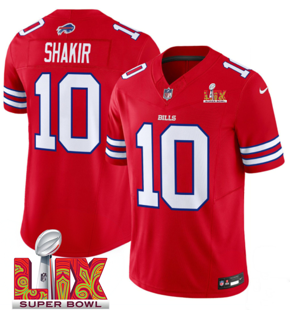 Men's Red Buffalo Bills #10 Khalil Shakir 2025 Super Bowl LIX Patch F.U.S.E. Vapor Limited Stitched Football Jersey