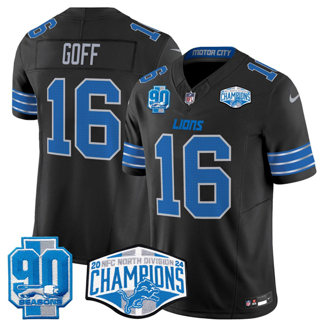 Men's Black Detroit Lions #16 Jared Goff 2024 NFC North Champions 90th Anniversary Patch F.U.S.E. Vapor Limited Stitched Jersey