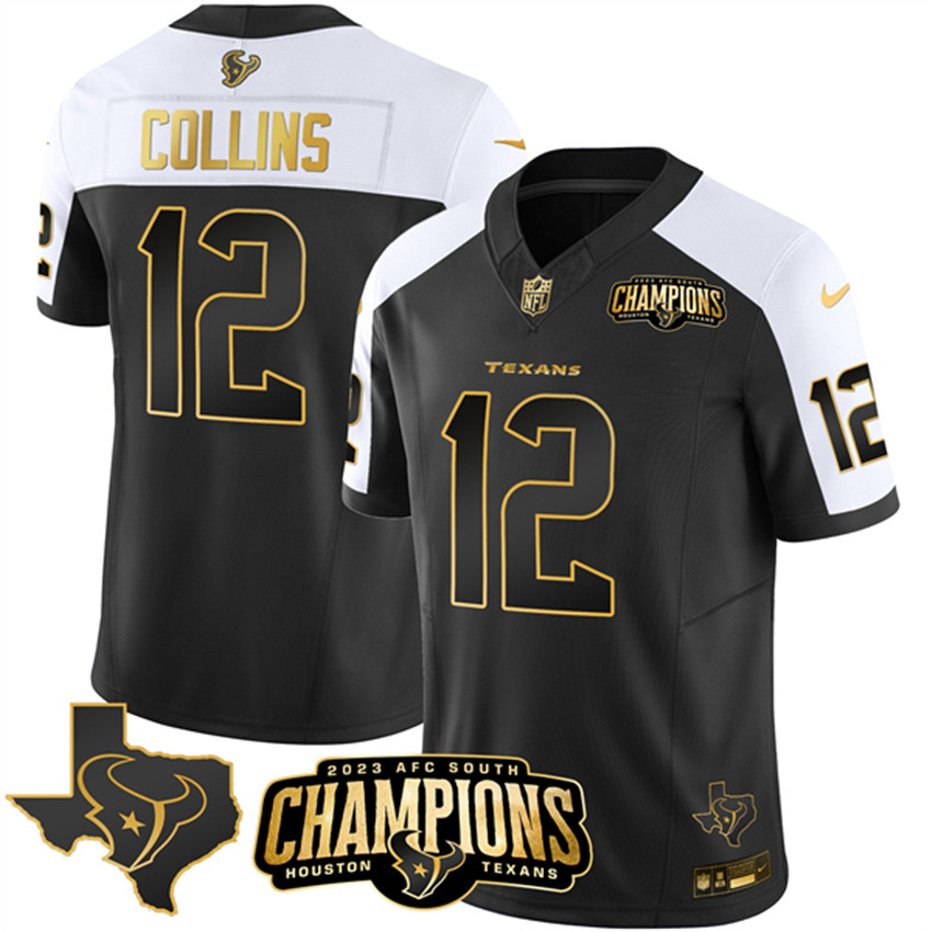 Men's Black/White Houston Texans #12 Nico Collins Golden 2023 F.U.S.E. With AFC South Champions Patch And Team Logo Patch Limited Stitched Football Jersey