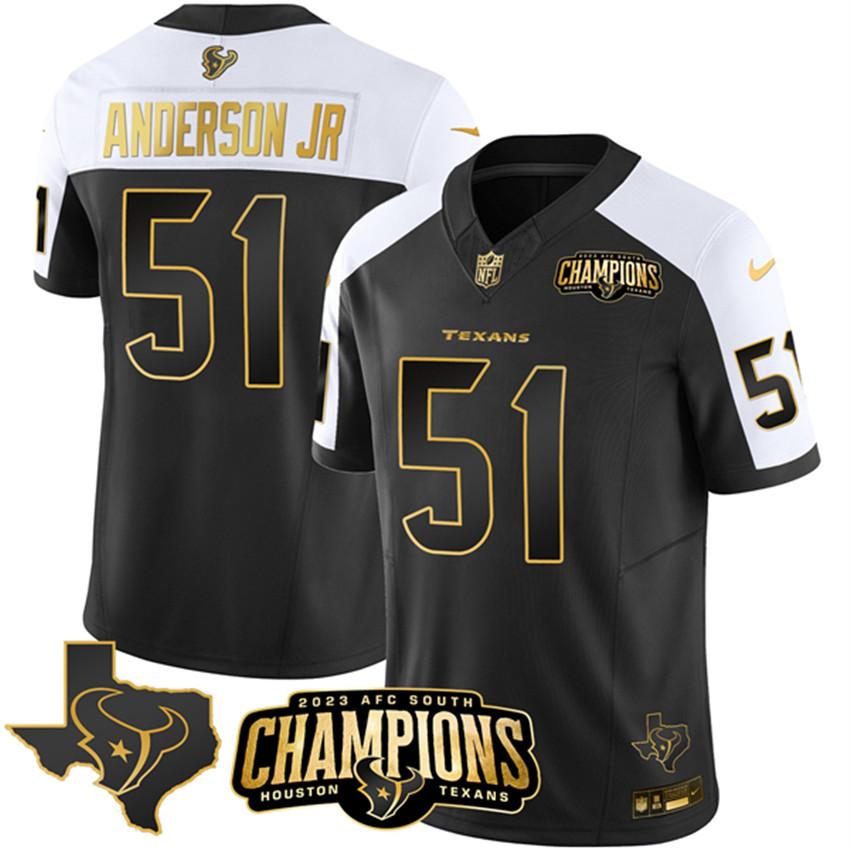 Men's Black/White Golden Houston Texans #51 Will Anderson Jr. 2023 F.U.S.E. With AFC South Champions Patch And Team Logo Patch Limited Stitched Football Jersey