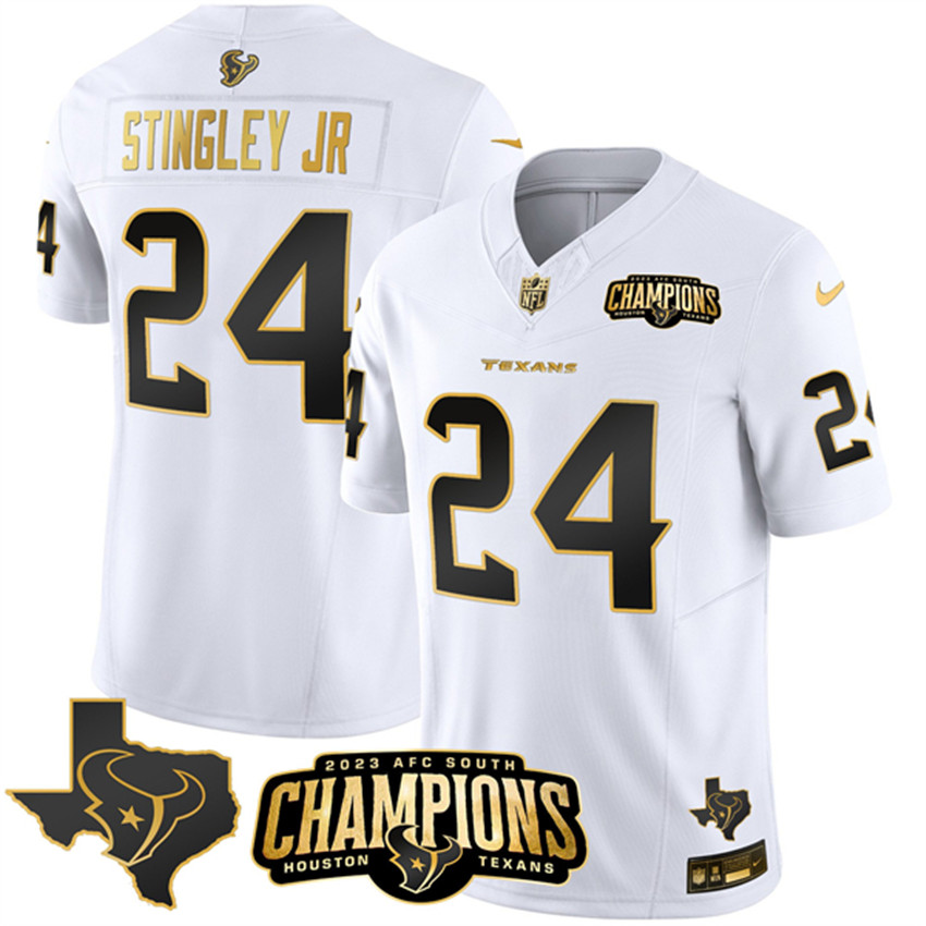 Men's White Golden Houston Texans #24 Derek Stingley Jr. 2023 F.U.S.E. With AFC South Champions Patch And Team Logo Patch Limited Stitched Football Jersey