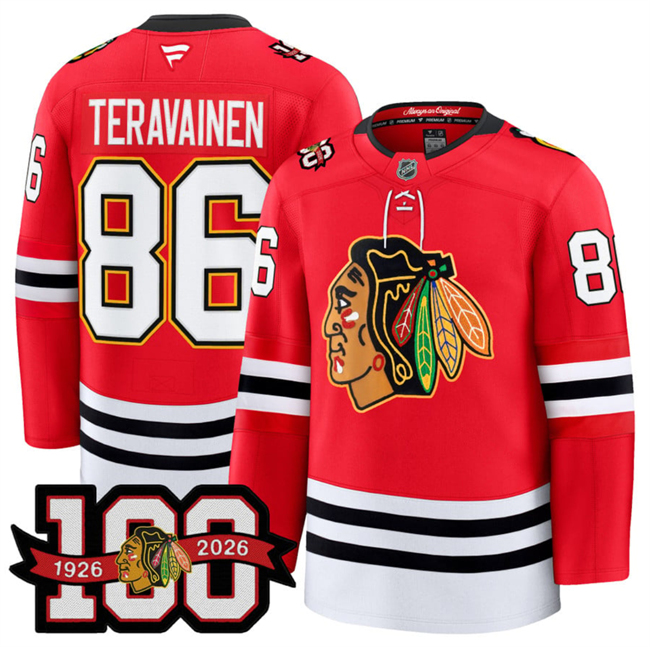 Men's Red Chicago Blackhawks #86 Teuvo Teravainen 2025 Home 100th Anniversary Stitched Hockey Jersey