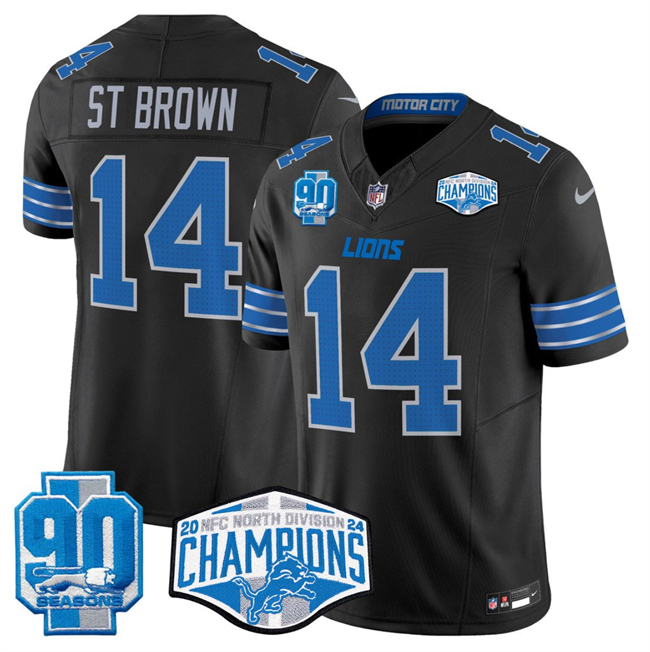 Men's Black Detroit Lions #14 Amon-Ra St. Brown 2024 NFC North Champions 90th Anniversary Patch F.U.S.E. Vapor Limited Stitched Jersey